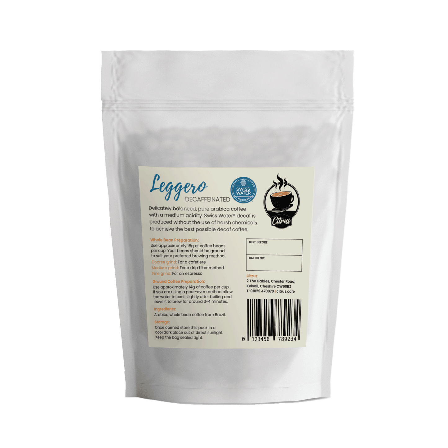 Leggero Swiss Water Decaf Whole Bean Coffee