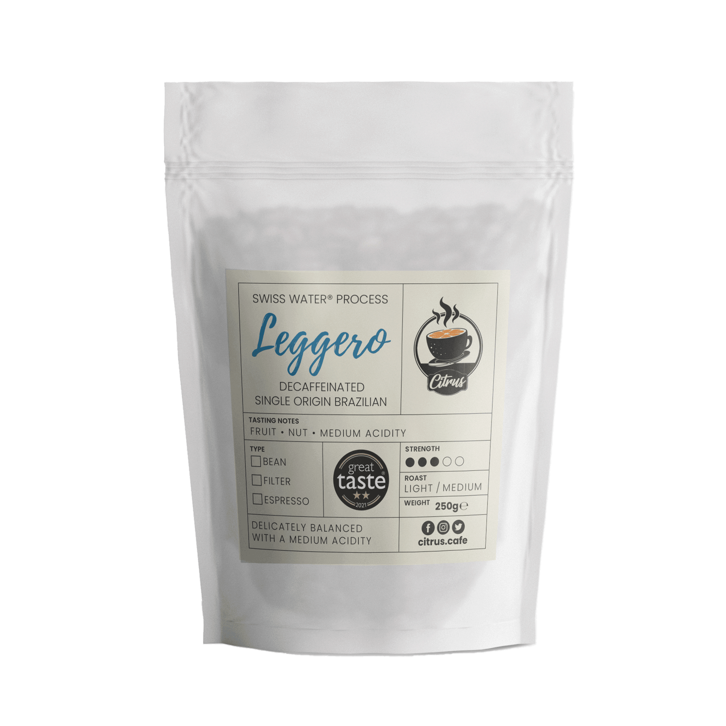 Leggero Swiss Water Decaf Whole Bean Coffee